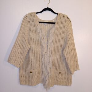 Chico's Tan Open-Knit Cardigan with Fringe